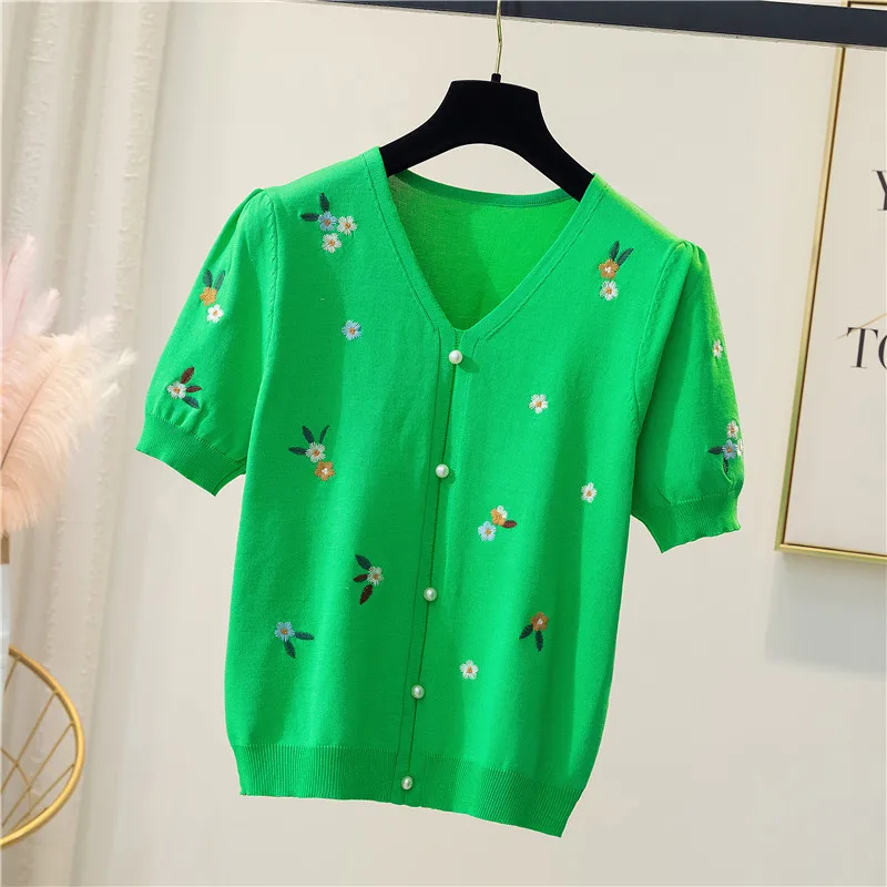 2021 Summer Sweet Flower Knit Sweater Fashion Pearl Beading Flower Thin Knitted Pullover Crop Top Femme V-neck Short Sleeve Top