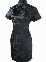 Exquisite Flower Women Mini Qipao Elegant Black Mandarin Collar Cheongsam Sexy High Slit Slim Chinese Dress PLUS 3XL 4XL 5XL 6XL