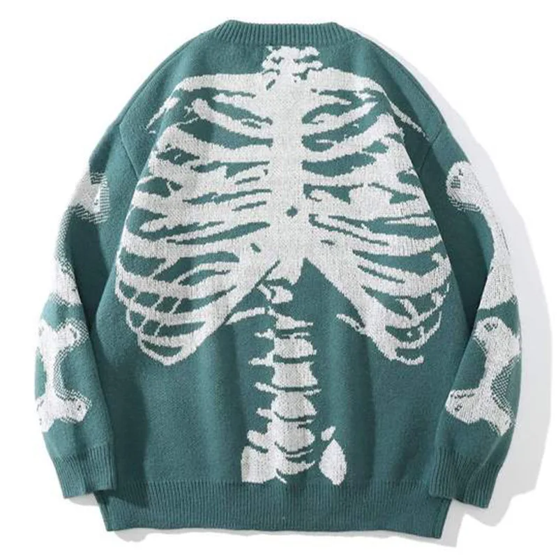 

2021 Autumn Cotton Pullover Unisex Oversized Sweater Men Black Loose Skeleton Bone Print Women Vintage Retro Knitted Sweater