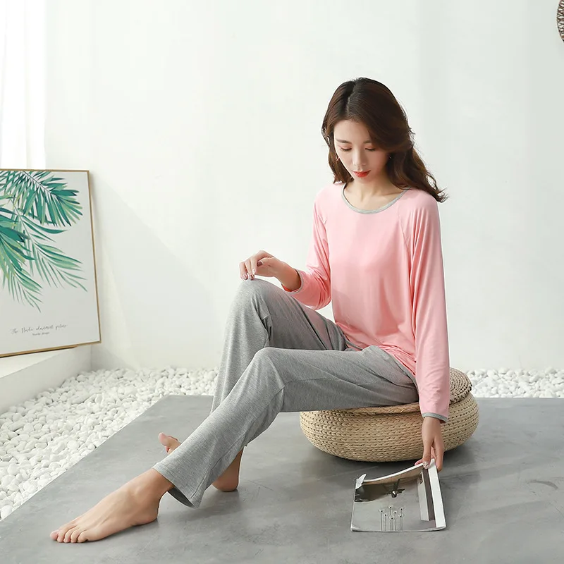 New Ladies Pijama Color Matching Long-Sleeved Trousers Loose Series Simple Style Casual Suit Pajamas Spring And Autumn