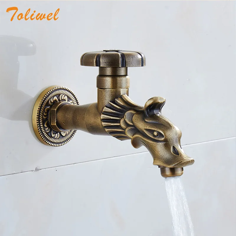 Antique Brass Garden Faucet Wall Mount Outdoor Dragon Water Hose Cold Tap Decorative