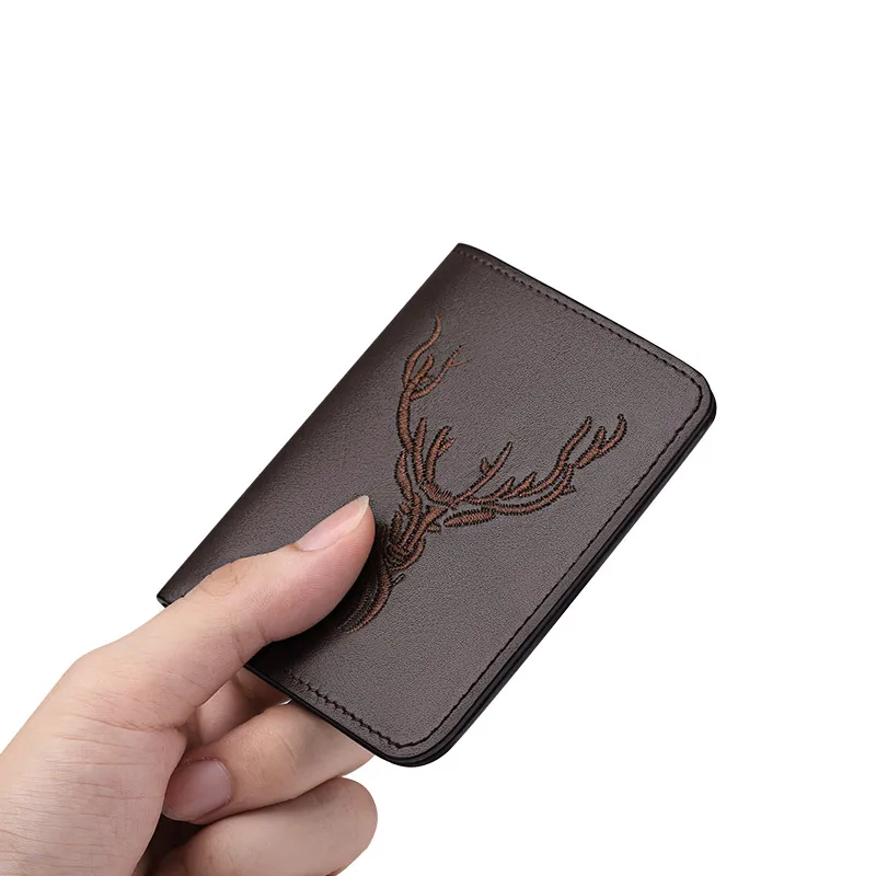 Wallet Men Mini Ultra-thin Fashion Cowhide V-shaped Card Holder Embroidery Bi-fold No Zipper Small Purse Casual