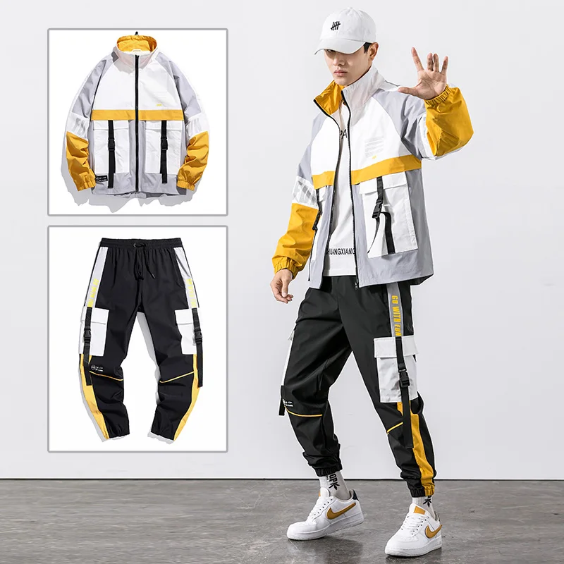 

Streetwear Tracksuit Men Nice Spring Sportswear Ribbons Men's Sets Casual Male Track Suit Two Piece Set Jacket + Jogger Pants