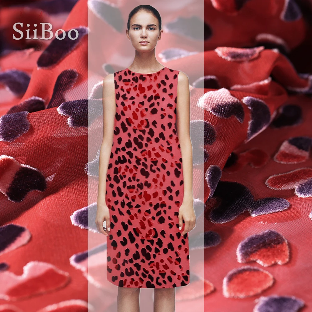 Red with leopard flocking burnout rayon silk velvet fabric for dress velvet silk tissu tecidos stoffen free shipping SP4830