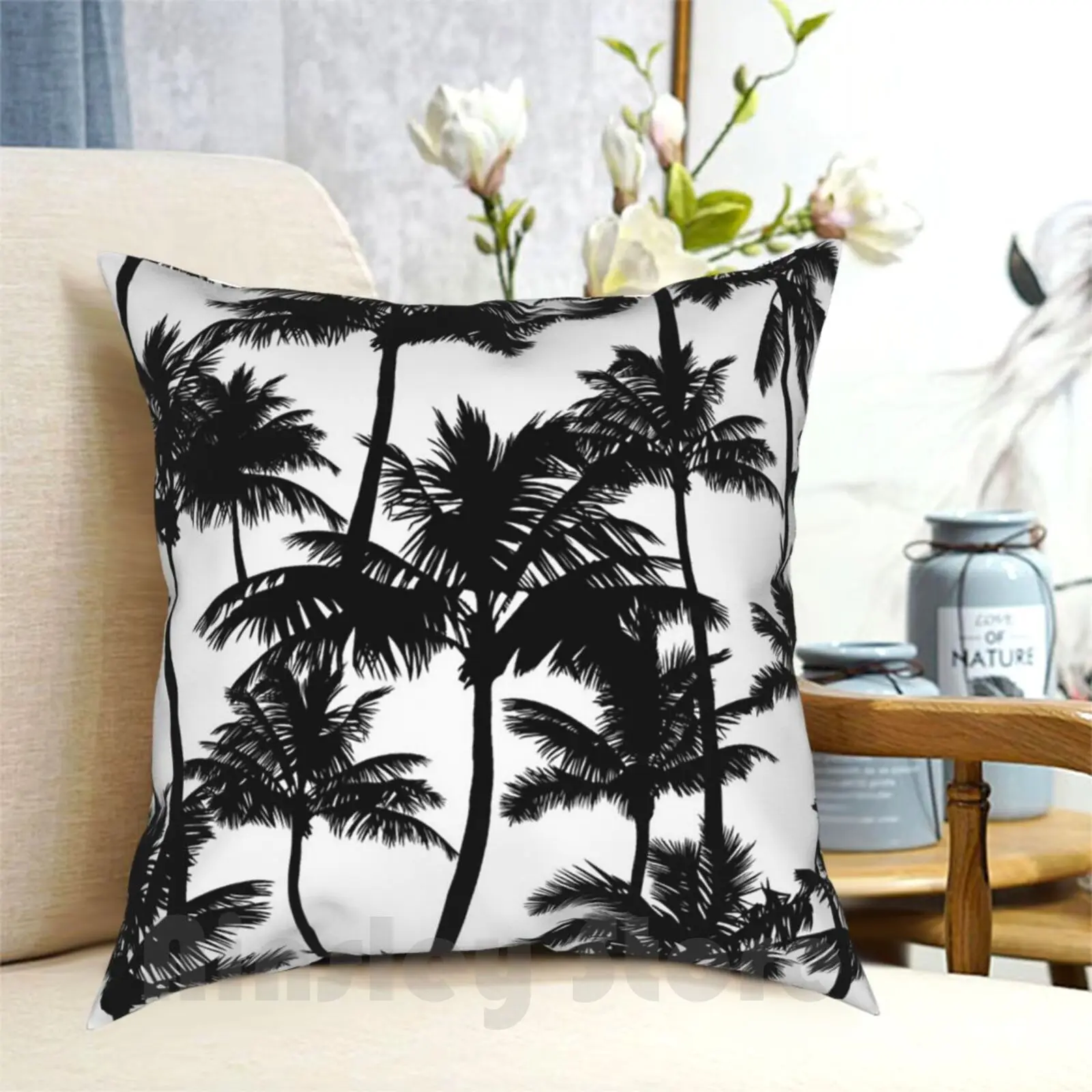 Black Palm Trees On White Background. Pillow Case Printed Home Soft Throw Pillow Pattern Tropical Climate White