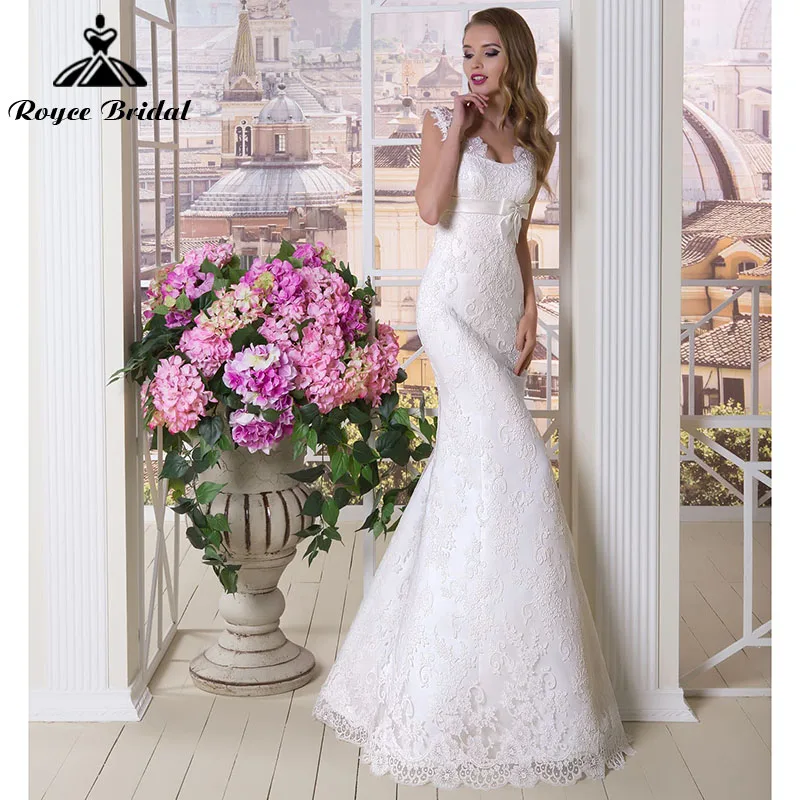 Vestido de novia de sirena con lazo, con apliques de encaje, espalda abierta, sin mangas, hasta el suelo, cuello en V, corte sirena, Roycebridal