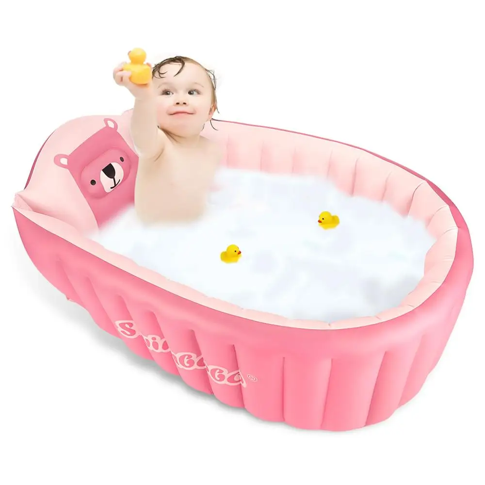 Inflatable Baby Bathtub Chair Cute Bear Infant Bathing Seat Tubs Non Slip Swimming Pool Toddler Portable Foldable Shower Basin w