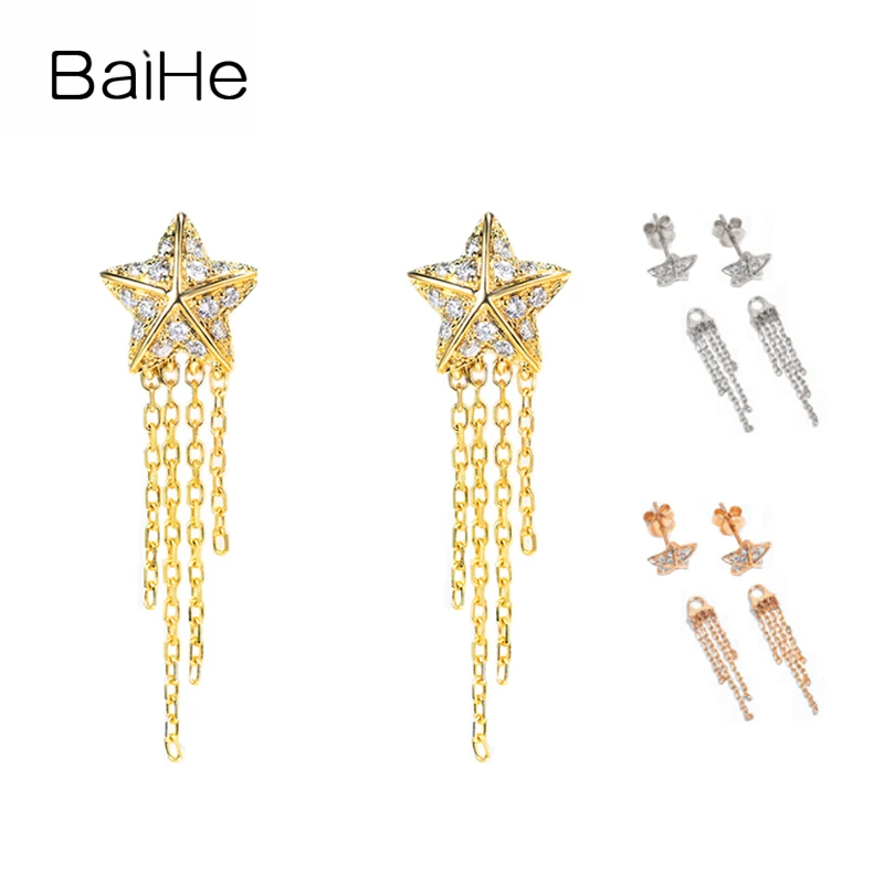 

BAIHE Solid 18K Yellow/Rose/White Gold 0.16ct H/SI Natural Diamond Star tassel Stud Earring Women Fine Jewelry Making ørestikker