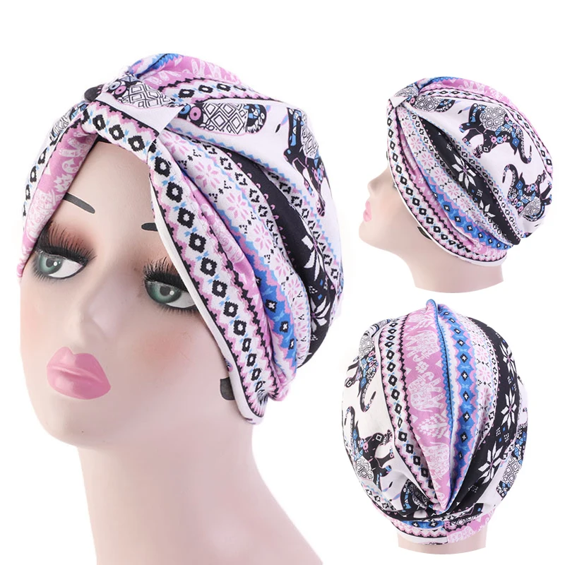 Fashion printing ladies Turban bonnet soft cotton arab wraps top Knot hijab caps women head scarf ready to wear ladies turbante