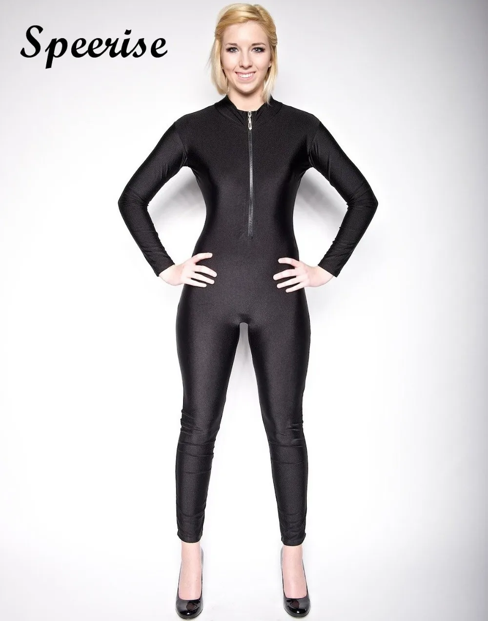 Speerise Adult Spandex Long Sleeve Dancewear Women Turtleneck Unitard Bodysuit Full length Front Zipper Suits