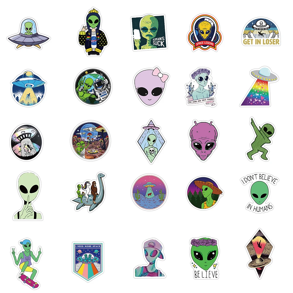 10/30/50PCS Cartoon UFO Alien Stickers Laptop DIY Motorcycle Luggage Phone Guitar Skateboard Waterproof Joke Sticker Kid Toy