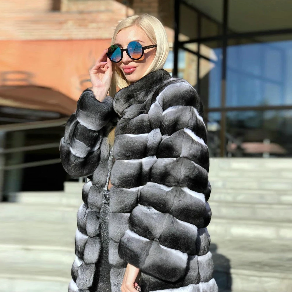 2022 Winter Woman Natural Rex Rabbit Fur Coat Stand Collar High Quality Long Real Rex Rabbit Fur Coats for Women Outwear Luxury