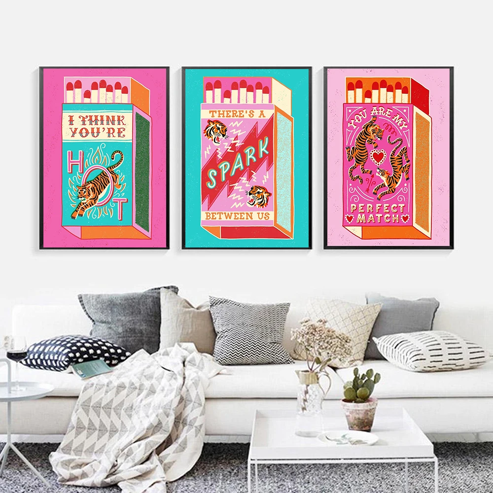 Tiger Cartoon Animal Canvas Posters Pink Blue Wild Tiger Painting Inspiring Quote Wall Art Print Pictures For Kid Room Decor