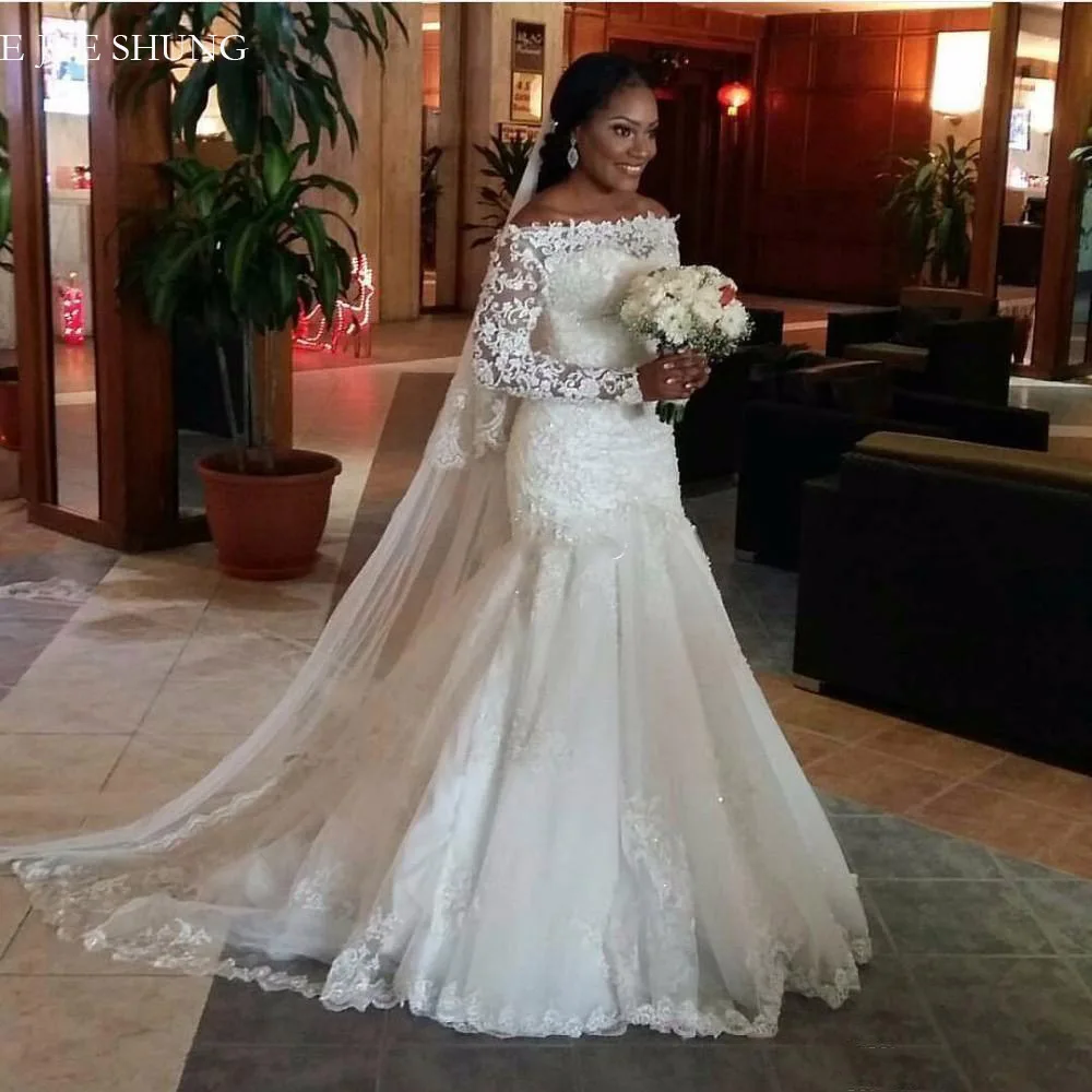 

E JUE SHUNG White Lace Appliques Mermaid Wedding Dresses off the shoulder Long Sleeves Bride Dresses Wedding Bridal Gowns