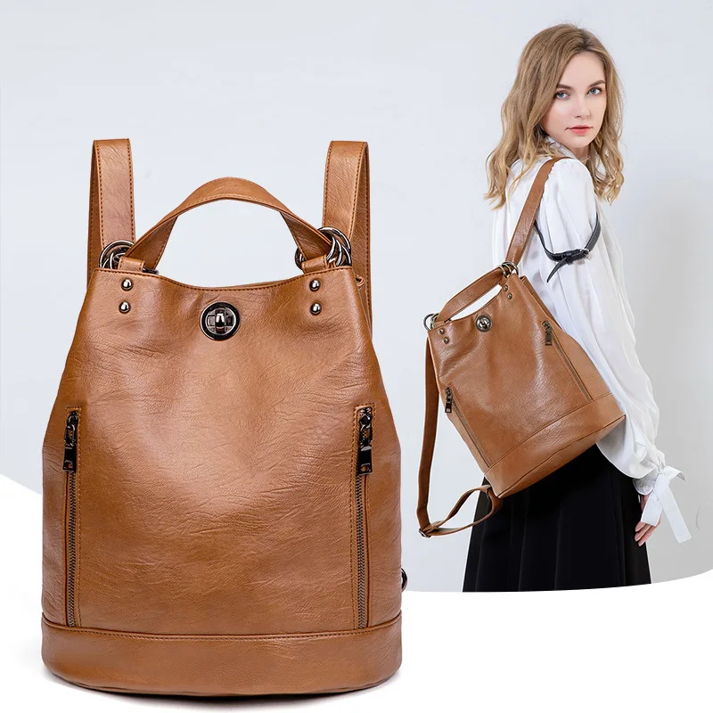 Genuine Leather - 2021 Luxury Women Leather Backpacks Back Packs Fashion Shoulder Bag Lady Backpack for Girl Mid Size Bags