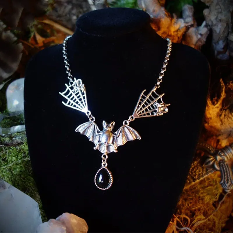 Wicca Pagan Medieval Vintage Gothic Necklace Wiccan Antique Silver Color Black Giftbox Bat Spiderweb Vampire Festival Gifts