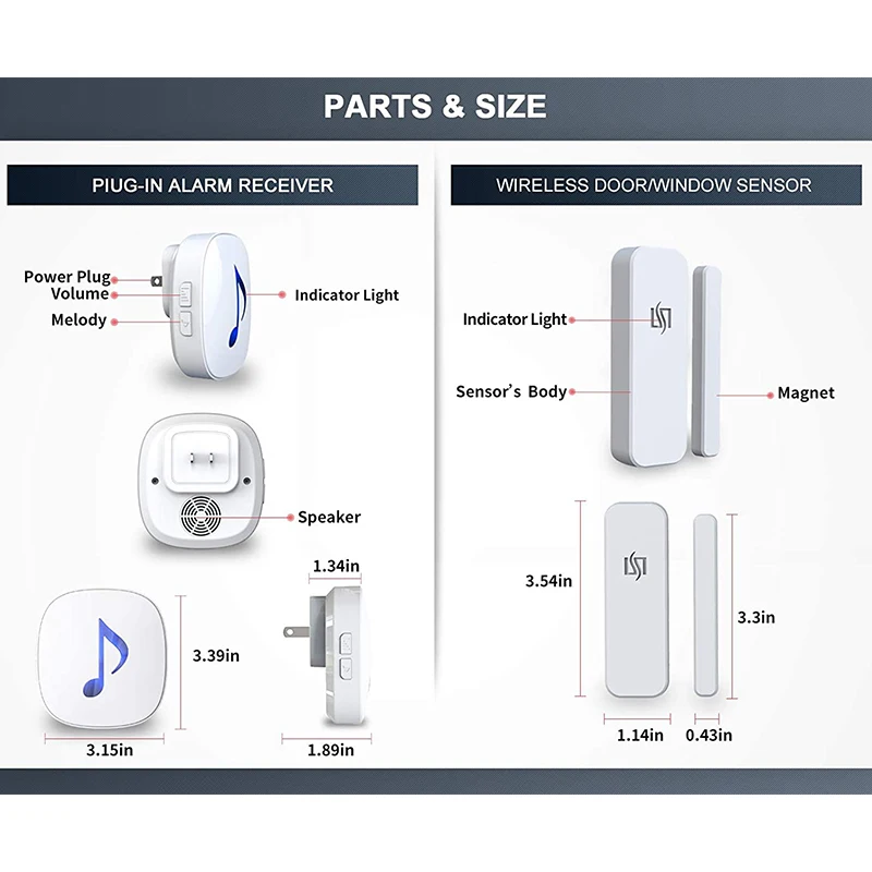 HTZSAFE Wireless Door/Window Sensor Alarm System-200 Meters Transmission Range-35 Optional Melodies & 4 Adjustable Volume