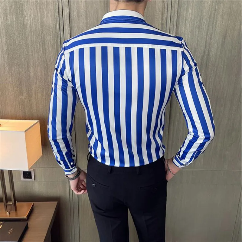 British Style Striped Shirts Mens Long Sleeve Business Formal Dress Shirt Casual Slim Fit Dress Streetwear Social Party Clothing