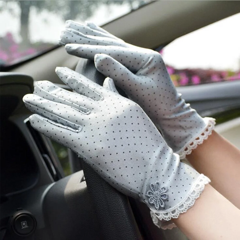 Guantes de retazos de encaje para mujer, protección solar antideslizante, guantes finos cortos de conducción, guantes de etiqueta de punto, moda de