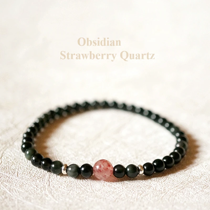 Lii Ji Obsidian Strawberry Quartz Healing Bracelet 925 Sterling Silver for Men Women Good for Love Wisdom Dropshipping