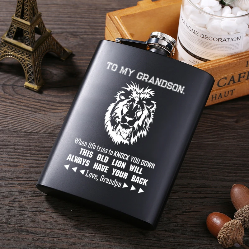 Grandma To My Grandson-Hot sale portable stainless steel hip flask alcohol bottle Engraved Wooden Watch Birthday graduation gift