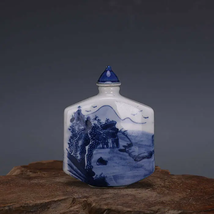

Chinese Blue White Porcelain Flat Snuff Bottle Qing Mountain Design 3.15 Inch Traditional Art Collectible Item