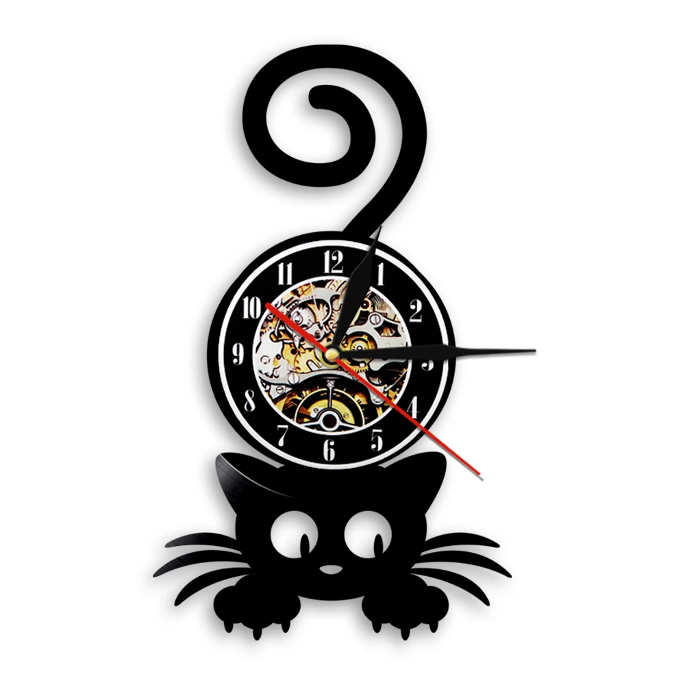 Crazy Cat Lady Wall Art Silhouette Kitten Cat with Funny Tail Home Decor Wall Clock Black Kitty Vinyl Record Clock Pet Lover