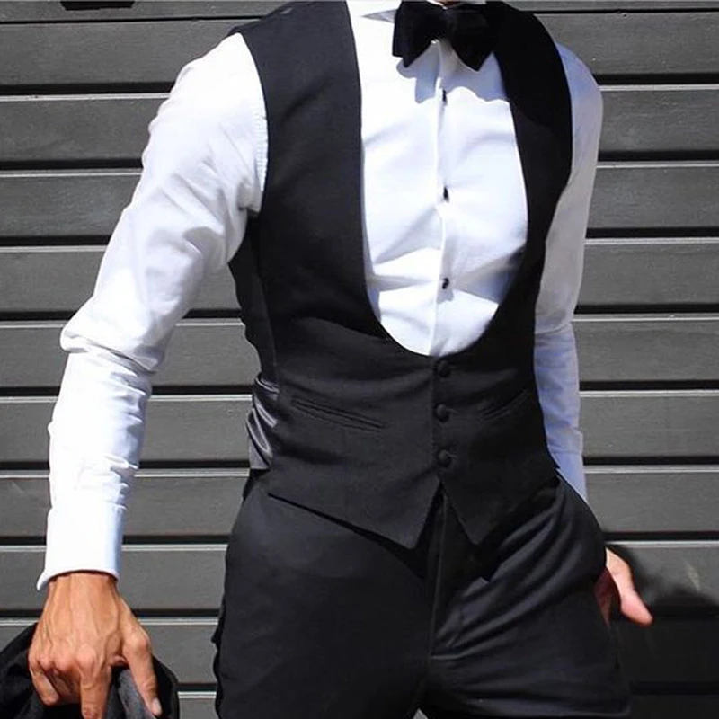 Black Men Vest for Wedding Groom One Piece Slim Fit Suit Waistcoat Solid Color Male Fashion Coat