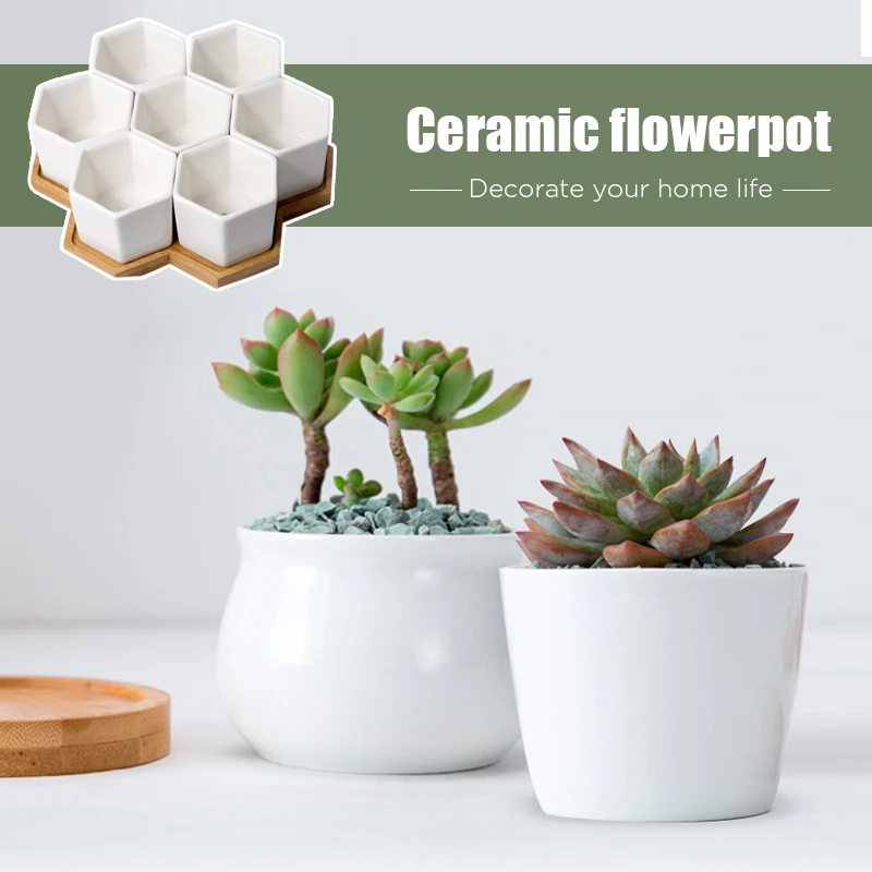 

White Ceramic Succulent Plant Pot Hexagon Flowerpots With Bamboo Stand Small Bonsai Flower Pots Green Planters Home Office Decor