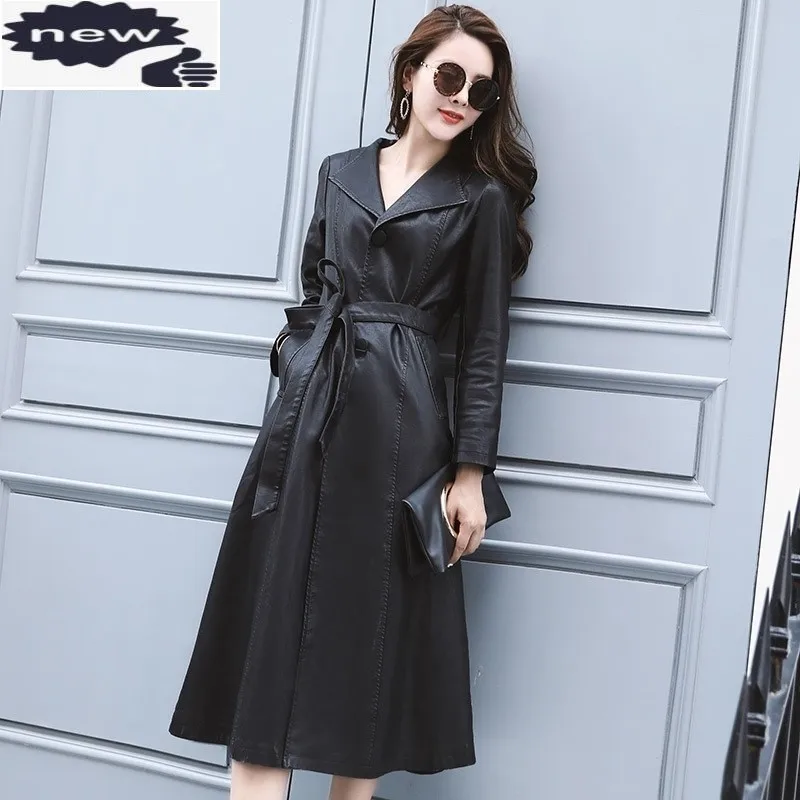 

Autumn Super Long Womens PU Leather Jacket Black Trench Slim Fit Motorcycle Coat Female Belted Lapel Collar Punk Overcoat