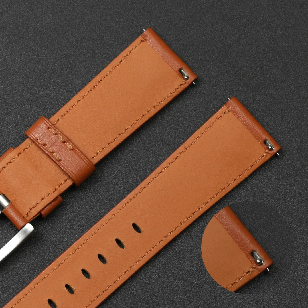 PESNO Genuine Leather Watch Band Suitable for Huawei Samsung Xiaomei Calf Skin Yellowish-brown Men Watch Belt with Pin Buckle