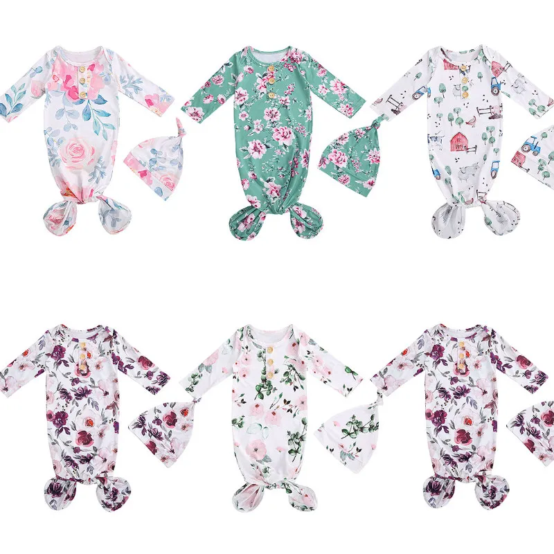 Spring Autumn Baby Sleeping Bag + Hat, Floral Print Full Body Classic Round Neck Long Sleeve Rural Style Clothing