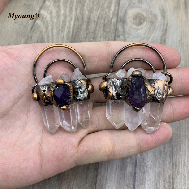 10PCS Bronze Raw Natural Amethysts Beads Paved Graduated Rough Crystal Quartz Sticks Pendants Soldered Boho Jewelry Necklace