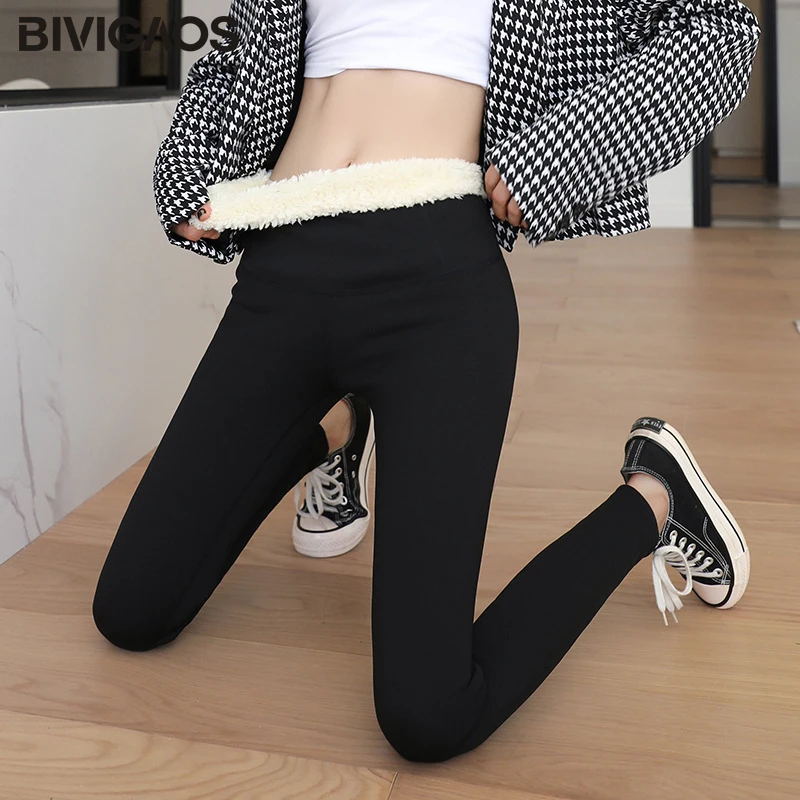 BIVIGAOS New Winter Extra-Thick Sheep Fleece Leggings Women High Waist Lamb Velvet Shark Pants Cashmere Black Slim Warm Leggings