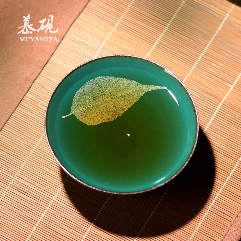 Mu Yan Zeng Huade single green wood leaf tea cup pure handmade Tianmu glaze built master cup ceramic tea set tea cup