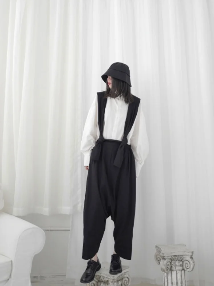 Spring and Autumn Ladies Black Nine Division Pants Women Loose Adjustable Lace Joybody Pants Pure color elastic-waist