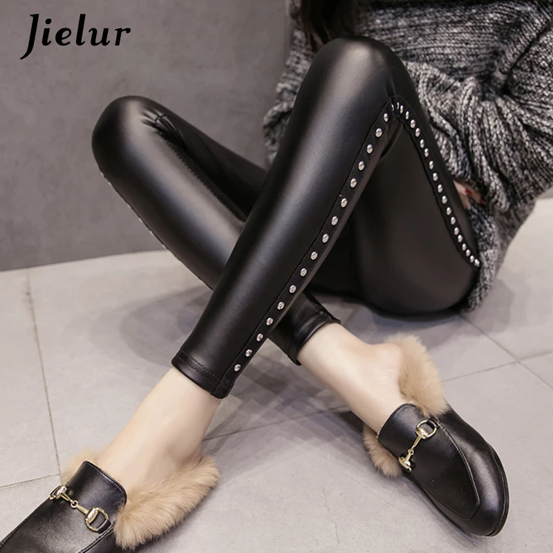 Jielur PU Leather leggings Women New Winter Fleece Matte Chic Rivets Push Up Pencil Pants 4 Colors Slim Lady Leggings S-XXXL