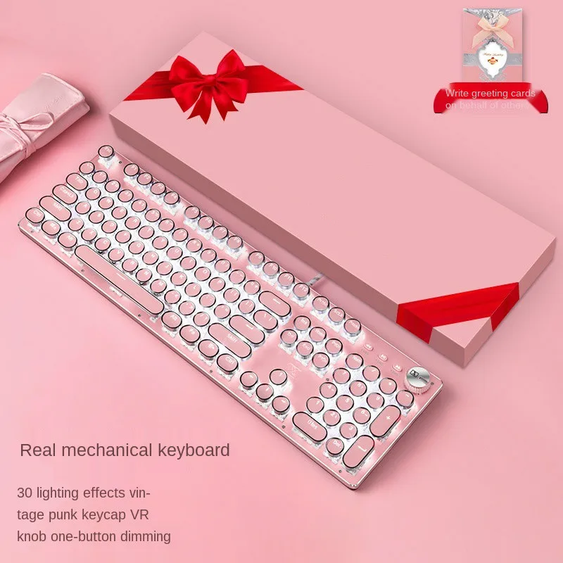 Girls Pink Mechanical Keyboard Green Axis Punk Retro Round Keyboard Chocolate Office Typing Gaming Keyboard Wired Pink