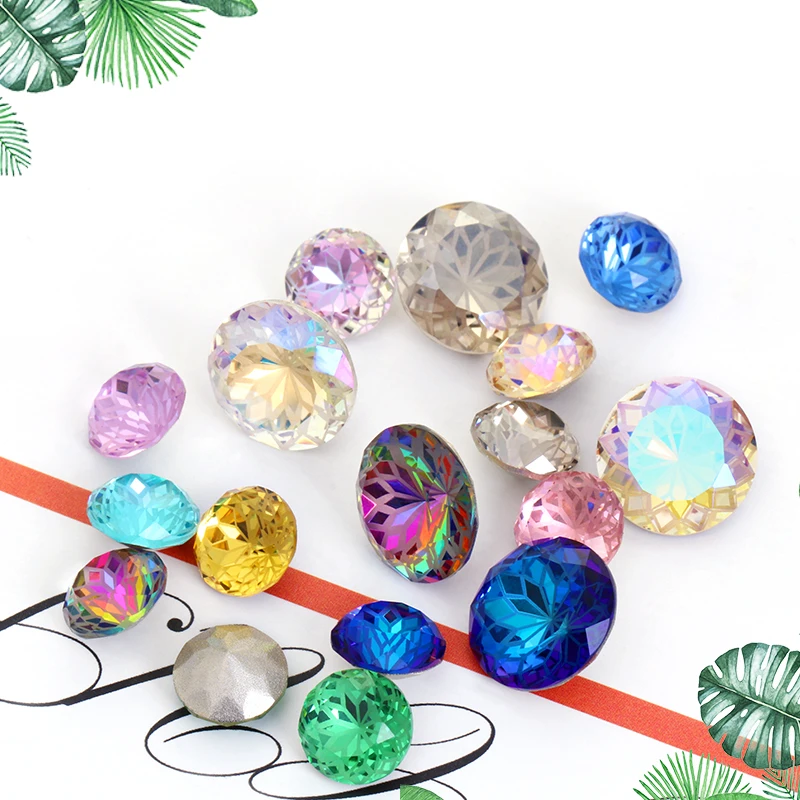 New Arrival 14mm Round Rhinestones Pointback Glass Rivoli Crystal Strass Flower Printing Inside Shiny Glue On Stones