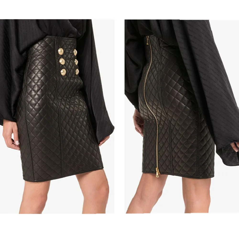 Winter Women's High-rise rhombus Leather Skirts New Designer High quality Genuine leather skirt C927