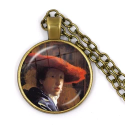 Fashion Bronze Color Punk Style Pendant Necklace Vermeer Oil Painting Girl Wearing Pearl 25mm Glass Cabochon Jewelry for Women