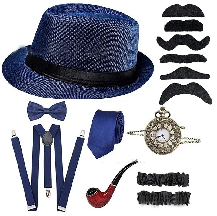 Halloween Great Gatsby Cosplay Costume 1920s Mens Gangster Accessories Set - Fedora Newsboy Hat Suspenders Armbands Tied Bowtie