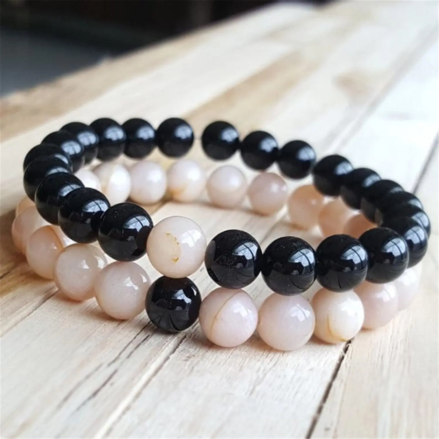 

2pcs 8mm Black Lava Beads Handmade Bracelet 7.5inch Mala Wrist Yoga Lucky Spirituality Blessing Buddhism Prayer