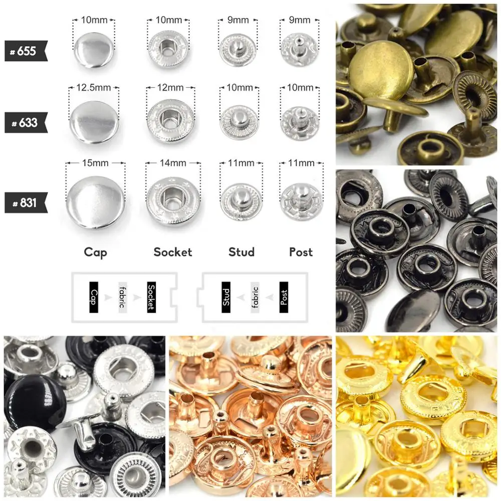 Kalaso #655 #633 #831 50sets 10mm 12.5mm 15mm Metal Press Studs Sewing Snap Button Fasteners Leather Craft Diy Supplies