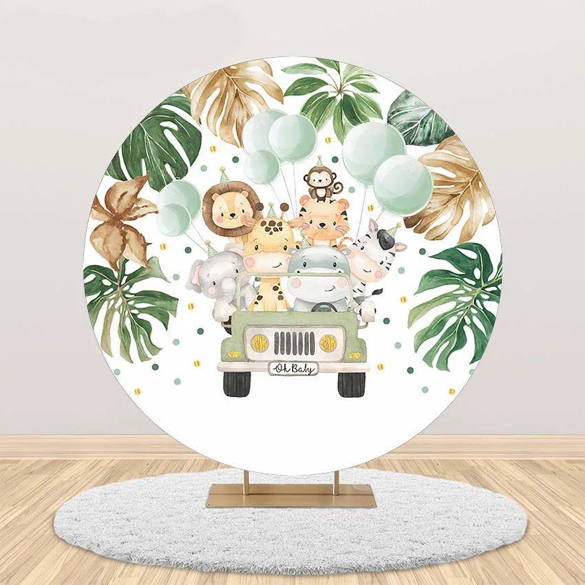 

Mehofond Round Oh Baby Photography Backdrop Jungle Forest Animal World for Welcome Newborn Baby Decor Photo Background Photozone