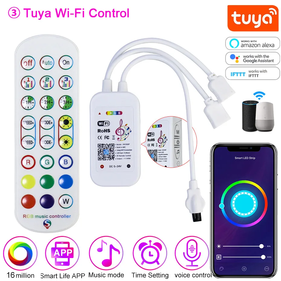 Imagem -04 - Led Strip Controlador com 24 44 Chave ir Remoto Bluetooth Tuya Wi-fi Controle para 12v Led Tiras de Luz Música Microfone Dispositivo Inteligente