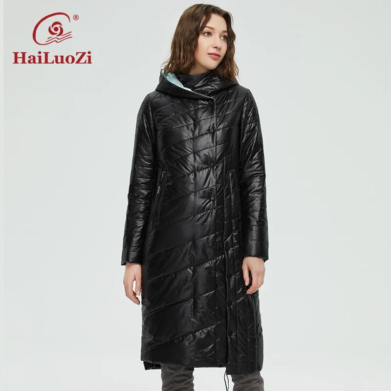 HaiLuoZi-Chaqueta larga hasta la rodilla para mujer, abrigo con cinturón, dobladillo Irregular, diseño abierto, Parka informal con capucha 73,