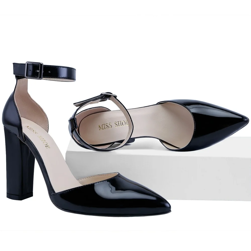 

LOSLANDIFEN Women Pumps Sexy Ankle Strap 10CM Thick Heel Large Size Pointed Toes High Heels Black Party Dress Wedding Shoes