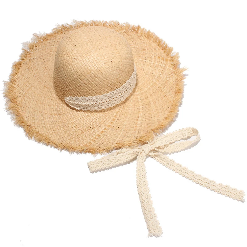 Simple Handmade Women Straw Sun Hats Large Wide Brim Gilrs High Quality Natural Raffia Panama Beach Straw Sun Caps For Holiday