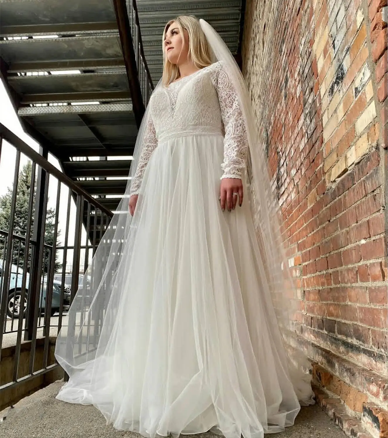 Vestido de casamento estilo sereia, renda, manga longa, cauda, tule, plus size, feminino, elegante